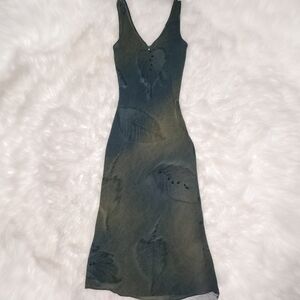 Y2K Sheer Forest Fairy Midi Dress ✧ Leaf Print Mesh Slip